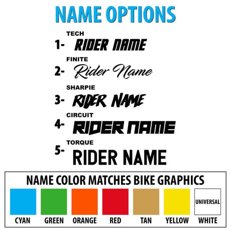 Rider name color options chart, matching cyan, green, orange, red, tan, yellow, and white