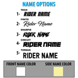 Decal name color options chart with front and side name color swatch boxes