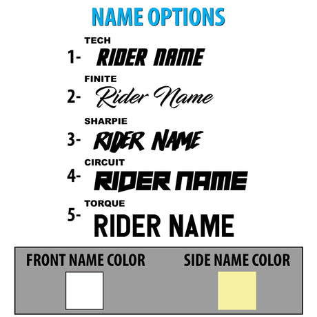 Decal name color options chart with front and side name color swatch boxes