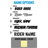 Name options layout for custom KLX 110 graphics: Tech, Rider Name, Sharpie, Circuit