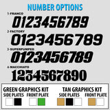Motorcycle number option chart showing race number styles and green/tan kit layouts