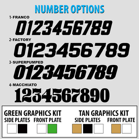Number options for Kawasaki KLX 110 graphics kit: Franco, Factory, Superpumped, and more