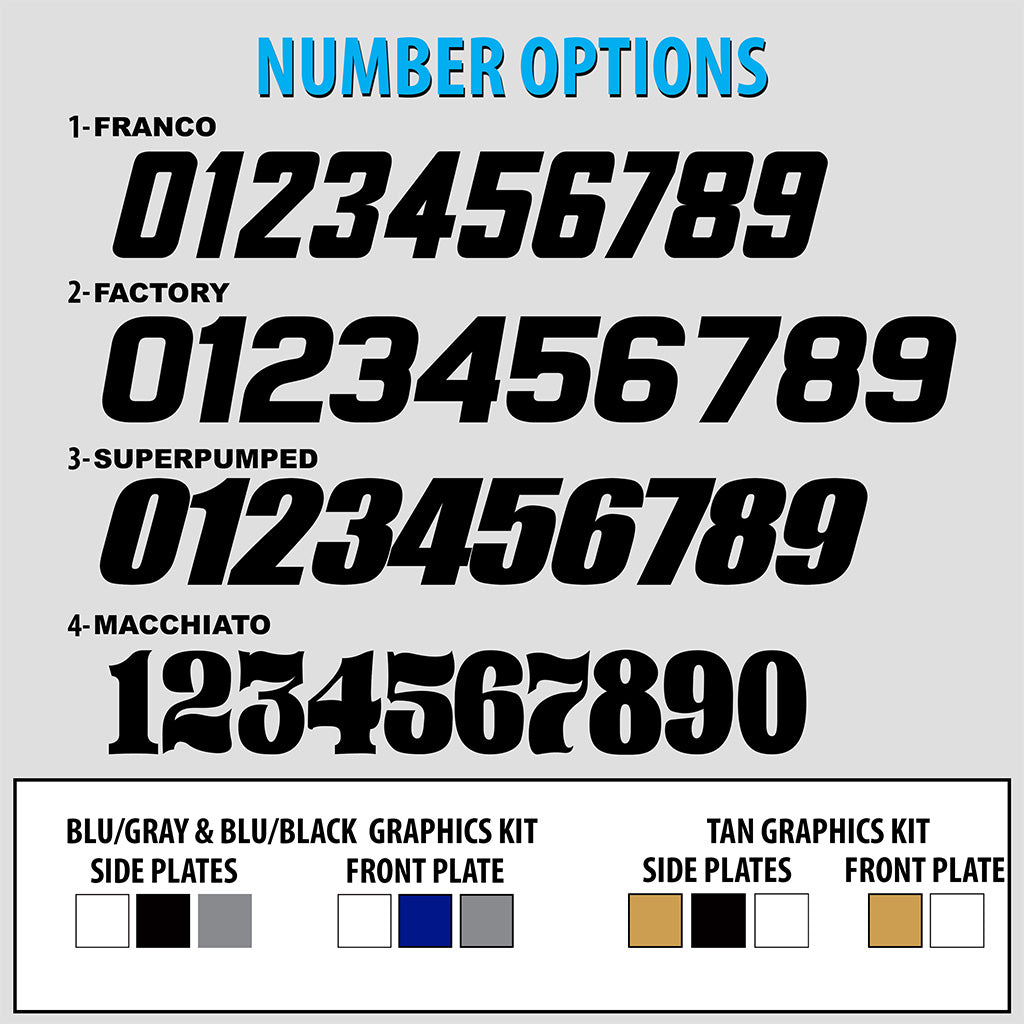 TTR 110 number options with example digits and front/side plate color layouts
