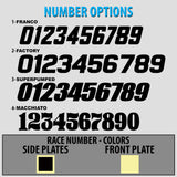 Decal number options chart with sample race numbers and side/front plate color squares