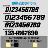 Number options for custom KLX 110 graphics: race numbers and color choices