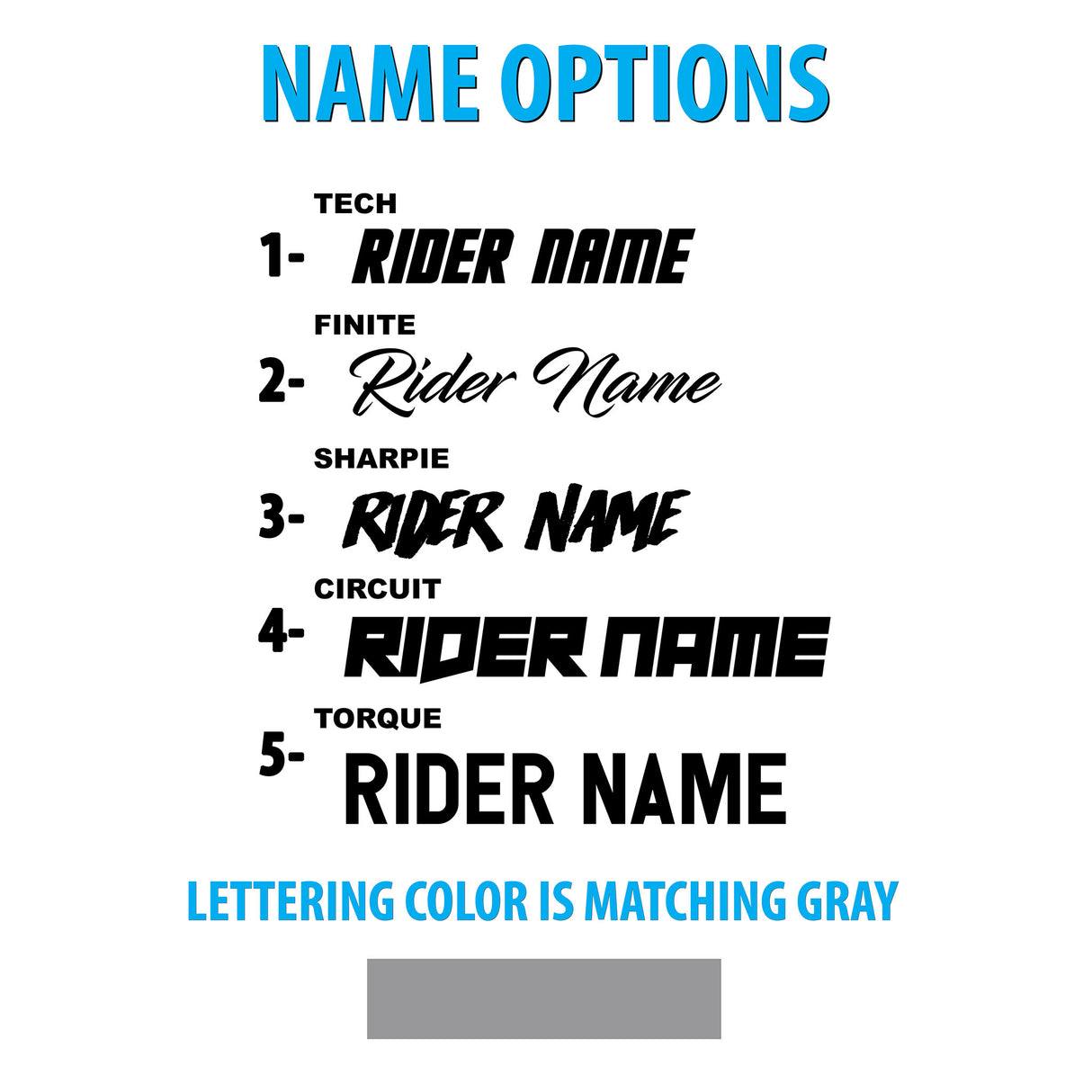 Name options chart for rider text on bike graphics, five lettering styles
