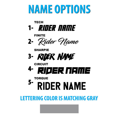 Name options chart for rider text on bike graphics, five lettering styles
