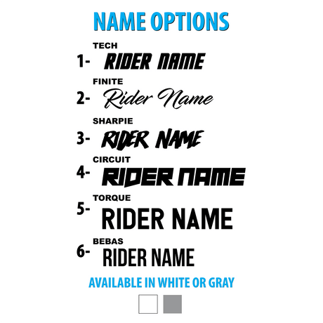 Name options for Husqvarna Graphic Kits: rider name, circuit, and torque text fields