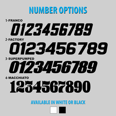 Custom number option sheets with race numbers in white or black