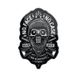 Black/white motorcycle skull face sticker with bandana and crossed ribbons