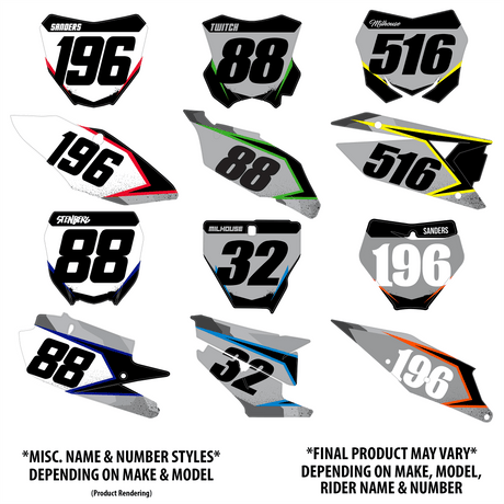 Graphic kit number designs showing multiple rider numbers in black, blue, and white