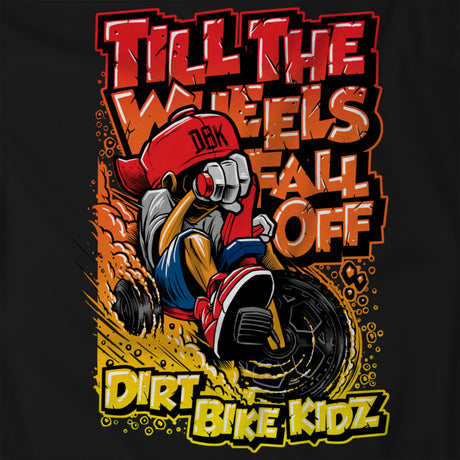 Youth black T-shirt close-up with red helmet skull rider graphic and “Dirt Bike Kidz”