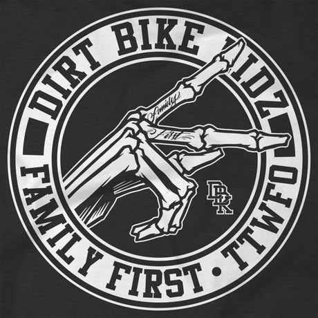 Back hoodie graphic close-up: circular Dirt Bike Family First print