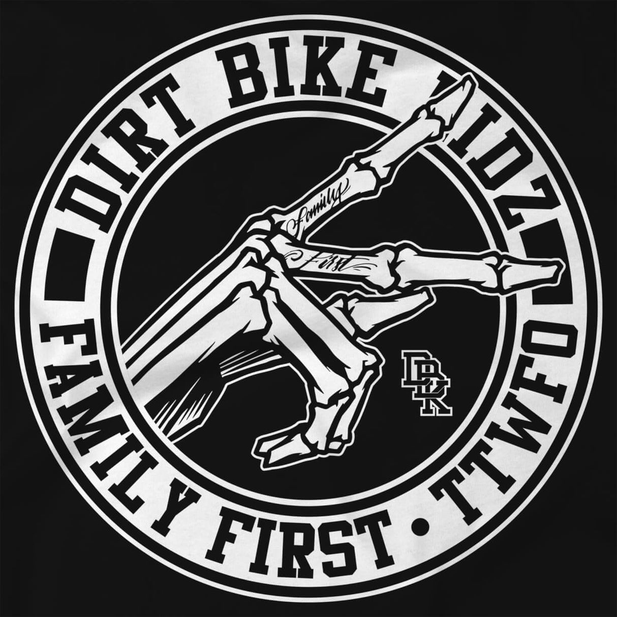 Black T-shirt close-up of circular "Dirt Bike" graphic with rider illustration