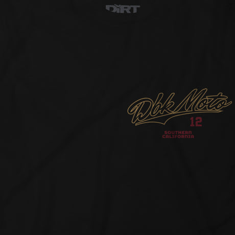 Slugger T-shirt logo close-up: Dbk Moto script with “12” and Southern California