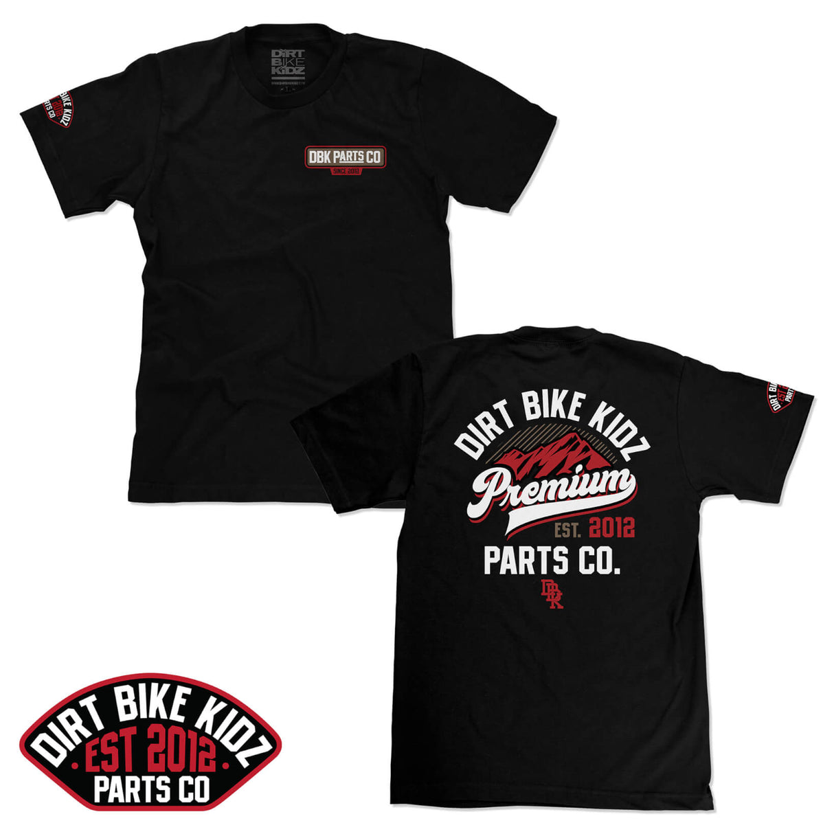 Black youth T-shirt with DBK Parts Co. chest logo and Dirt Bike KIDZ sleeve patch