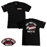 Black youth T-shirt with DBK Parts Co. chest logo and Dirt Bike KIDZ sleeve patch