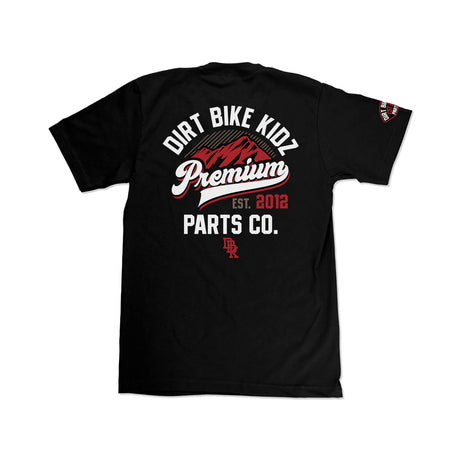 Black youth T-shirt with large Dirt Bike KIDZ Premium Parts Co. back graphic