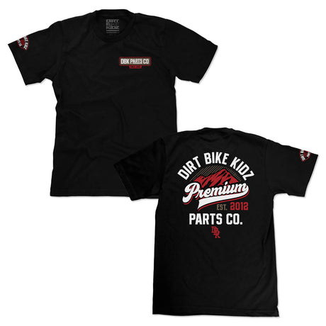 Pair of black youth T-shirts showing front and back Dirt Bike KIDZ Premium graphics