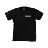 Black youth T-shirt with small DBK Parts Co. chest badge and Dirt Bike KIDZ sleeve patch