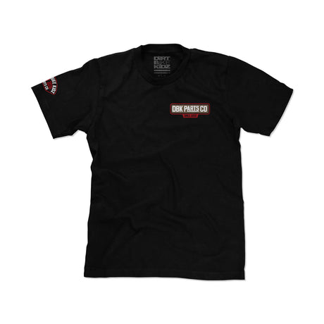 Black youth T-shirt with small DBK Parts Co. chest badge and Dirt Bike KIDZ sleeve patch