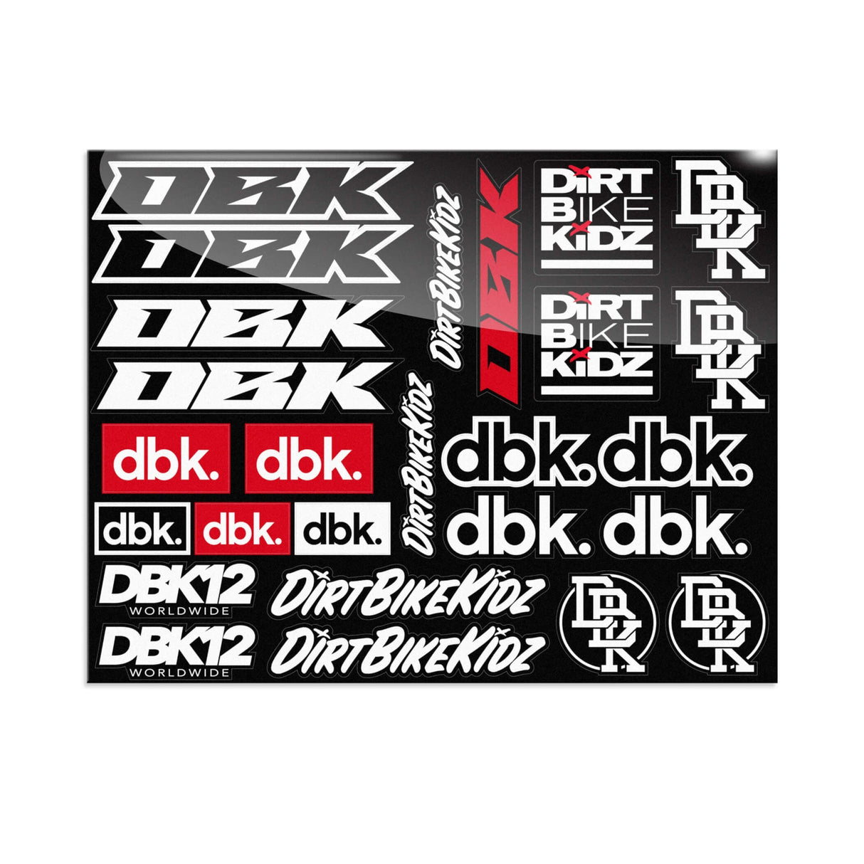 Sticker sheet with black, white, and red dirt bike decals and DBK lettering