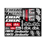 Sticker sheet with black, white, and red dirt bike decals and DBK lettering