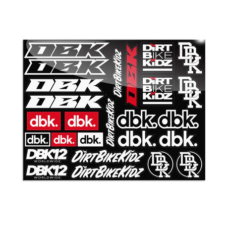 Sticker sheet with black, white, and red dirt bike decals and DBK lettering