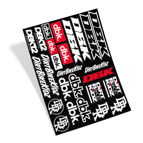 Sticker sheet with black and white racing icons, red DBK and DIRTBIKEKIDZ wording