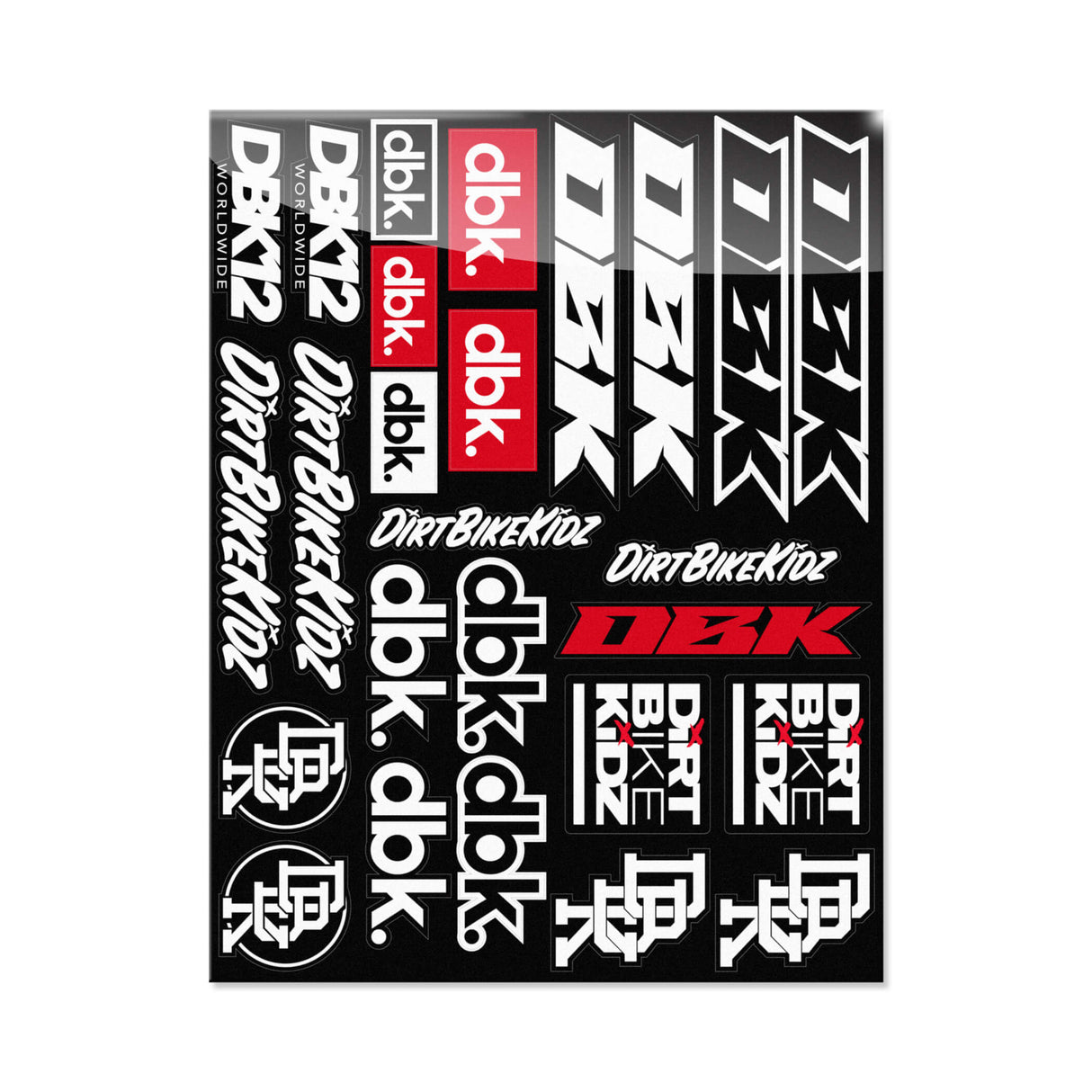 Sticker sheet with black and white graphics, red DBK blocks, and DirtBikeKidz text