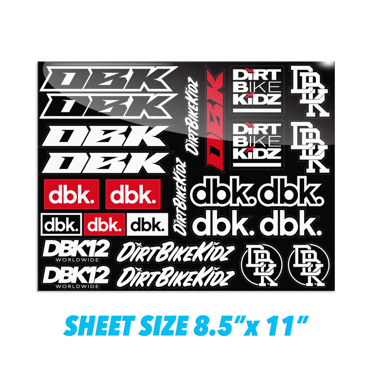 Sticker sheet, black with white and red DBK decals; sheet size 8.5" x 11"