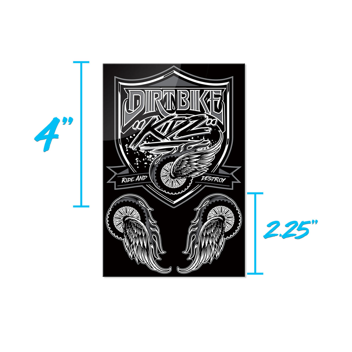 Motorcycle sticker sheet with black shield and winged wheels; 4 in x 2.25 in