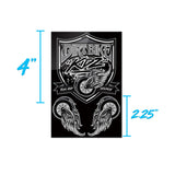Motorcycle sticker sheet with black shield and winged wheels; 4 in x 2.25 in