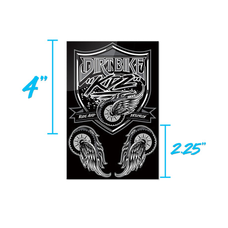Motorcycle sticker sheet with black shield and winged wheels; 4 in x 2.25 in
