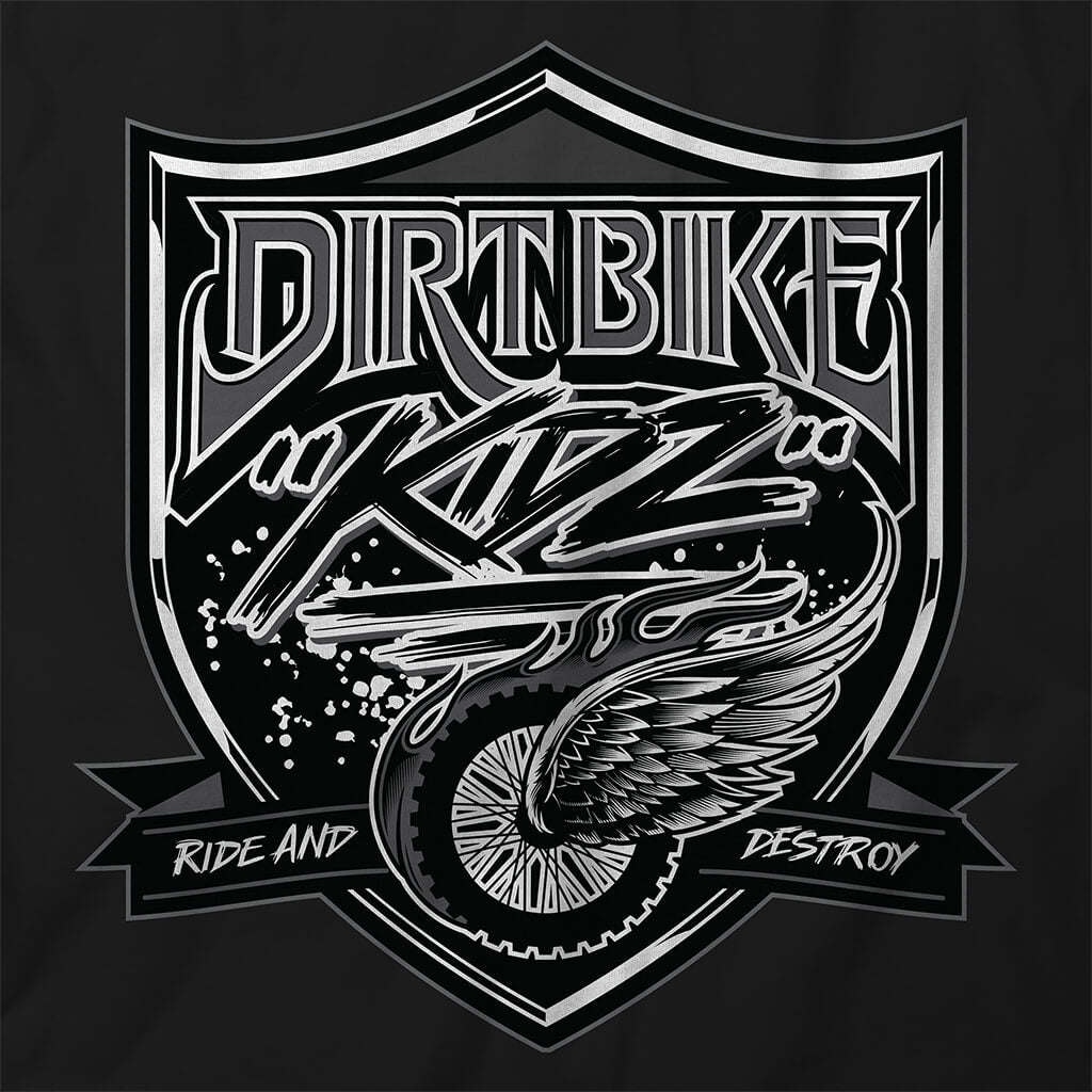 Close-up of black T-shirt front shield graphic with rider wing emblem