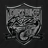 Close-up of black T-shirt front shield graphic with rider wing emblem