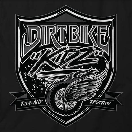 Close-up of black T-shirt front shield graphic with rider wing emblem
