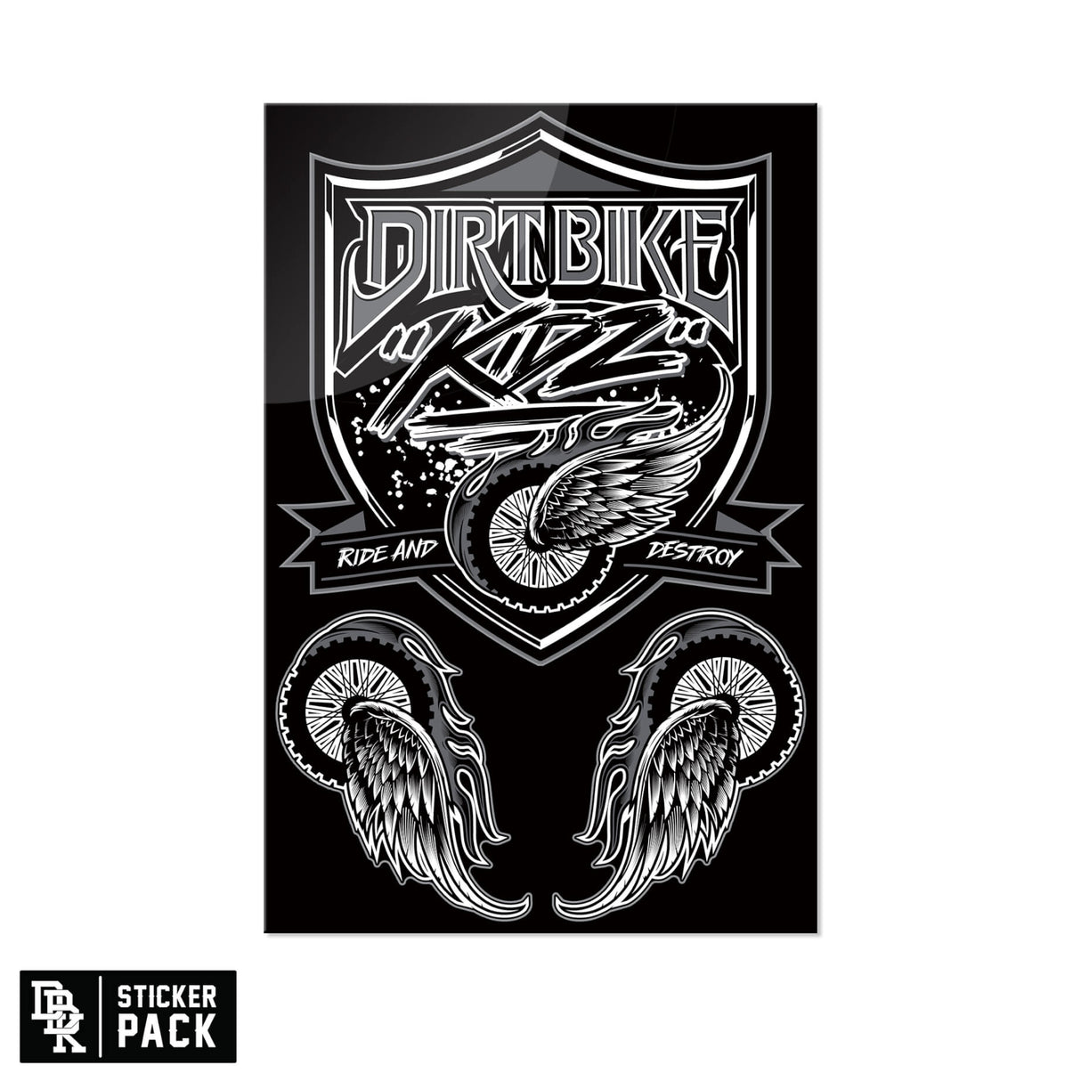 Sticker pack sheet with black shield graphic, winged wheel decals, and dirt bike lettering