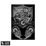 Sticker pack sheet with black shield graphic, winged wheel decals, and dirt bike lettering