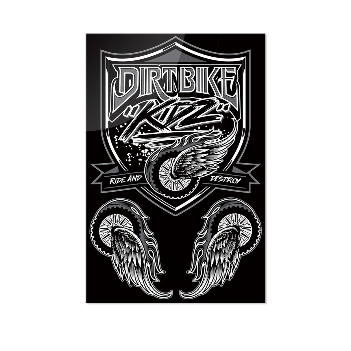 Sheet of motorcycle sticker decals: black shield emblem with two winged wheel icons