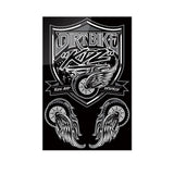 Sheet of motorcycle sticker decals: black shield emblem with two winged wheel icons
