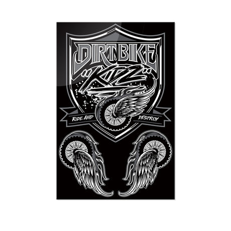 Sheet of motorcycle sticker decals: black shield emblem with two winged wheel icons