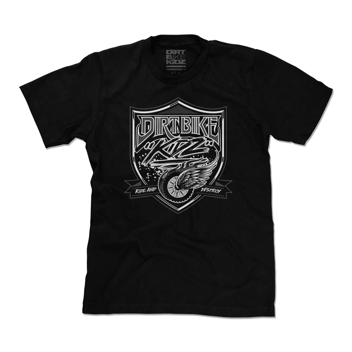 Black T-shirt with large front Dirtbike shield graphic print
