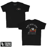 Youth black graphic T-shirt with Dirt Bike Kidz 12 Moto Company logo on chest