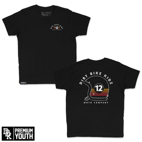 Youth black graphic T-shirt with Dirt Bike Kidz 12 Moto Company logo on chest