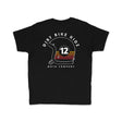 Youth black T-shirt with Dirt Bike Kidz 12 Moto Company logo graphic on back