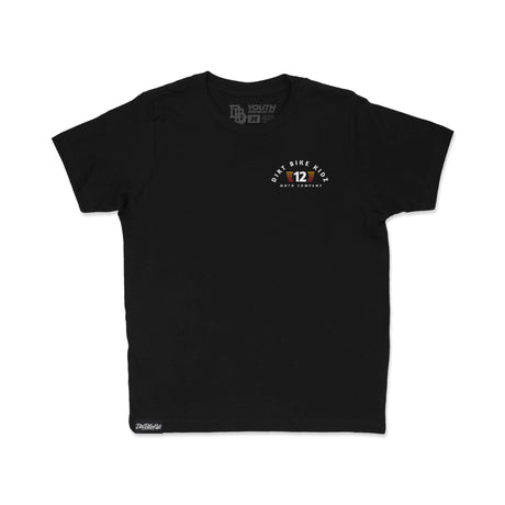 Youth black graphic T-shirt with small Dirt Bike Kidz 12 Moto Company logo on chest