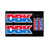 DBK sticker pack sheet with two large DBK logos and two red/blue emblem shapes