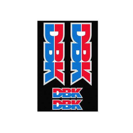 DBK sticker pack sheet with four red/blue dagger-style emblems and two small DBK logos