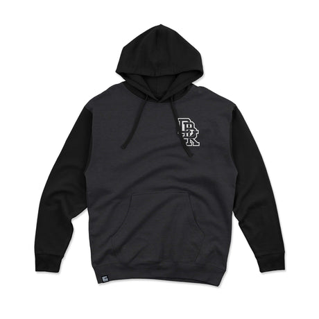 Dark hoodie with kangaroo pocket, hood drawstrings, small chest logo